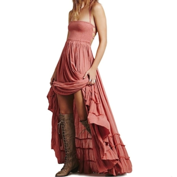 Pink Clay Maxi Halter Dress Long Tiered Full Flowy Gauze Bohemian Beach Vacation - Picture 2 of 10